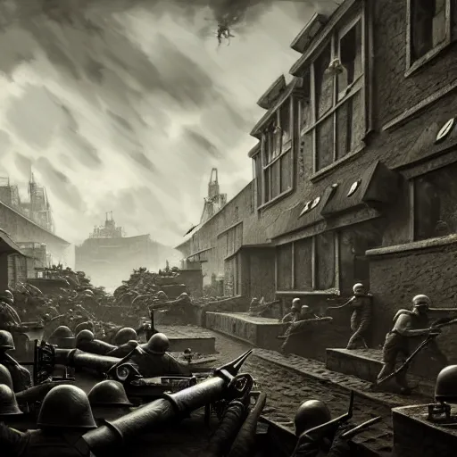 Prompt: the WW2 in roblox, photo from 1940s, very detailed, fantasy, dramatic, intricate, elegant, highly detailed, digital painting, artstation, concept art, smooth, sharp focus, illustration, art by Gustave Dore, octane render