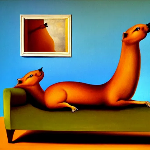 Image similar to capybara posing on a couch | in the style of salvadore dali | matte oil painting | featured on artstation | impressionist