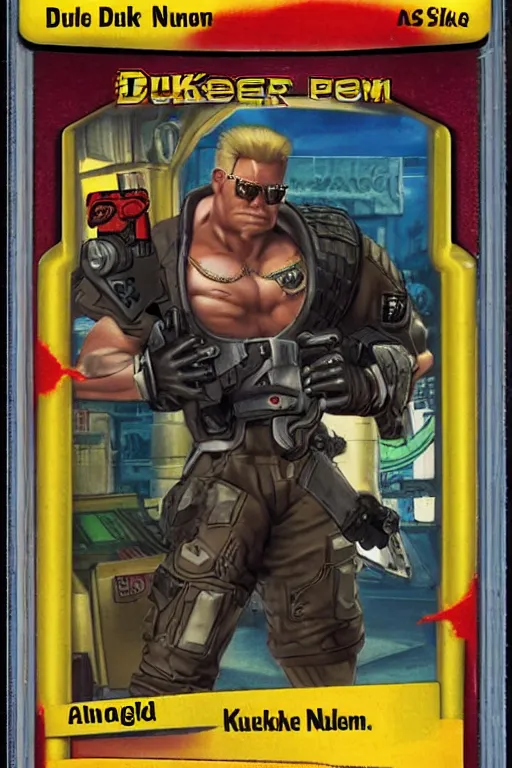 Prompt: Duke Nukem, Pokemon card of Duke Nukem, highly detailed trading card screenshot