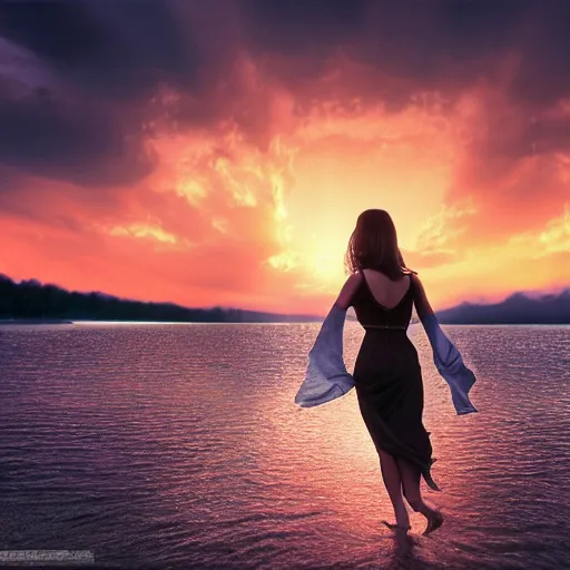 Image similar to Fine art photo of the most beautiful woman, she is posing while maintain a sweet eye contact to the camera she is walking on a river, she is getting ulluminated by the rays of the sunset, the photo was taking by Steve McCurry, matte painting, oil painting, naturalism, 4k, 8k