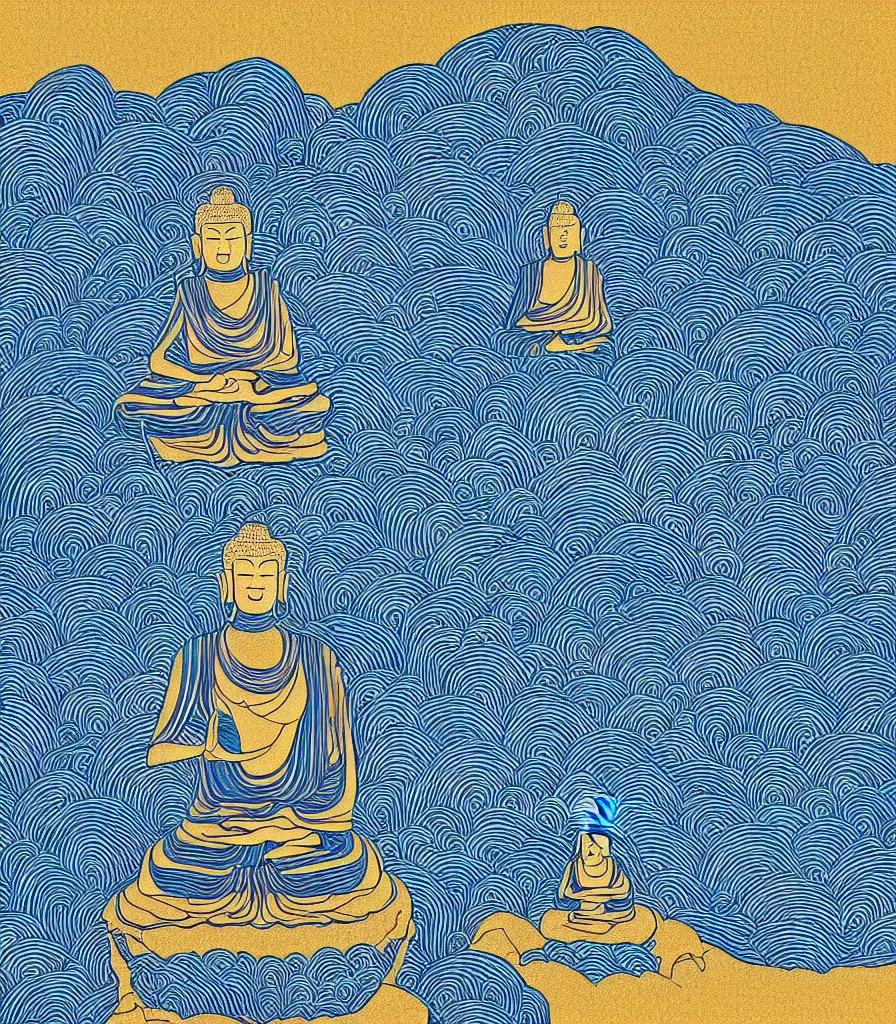 Image similar to a beautiful lineart painting of who buddhas meditating on a big cliff gazing into the universe, 4 k, high resolution, symmetrical lines, blue and gold color scheme, golden ratio