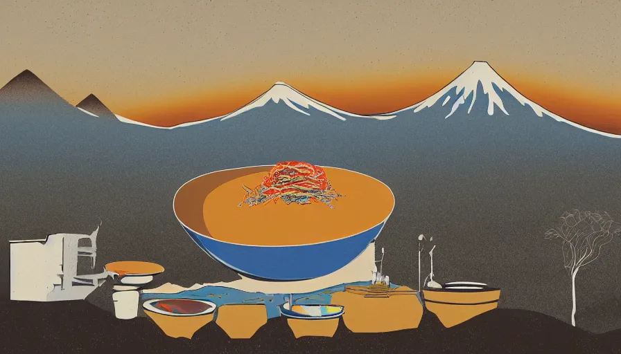 Image similar to award winning graphic design poster, cutouts constructing an contemporary art depicting a colossal ramen bowl in the foreground, rural splendor and a mountain range isolated on white, a single Mount Fuji in the distant horizon, ramen bowl containing bountiful crafts, local foods, in the style of edgy and eccentric abstract cubist realism, items composition confined and isolated on white, mixed media painting by Leslie David and Lisa Frank for juxtapose magazine