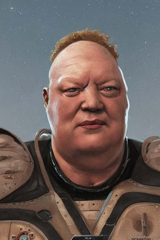 Prompt: upper body portrait of baron harkonnen wearing leather spacesuit, detailed, sand wom in the distance, illustration by normal rockwell, artstation character art, greg rutkowski