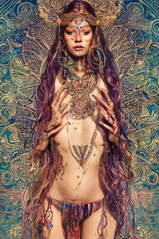 Image similar to a centered full body render of an alluring festival hippy with tribal tattoos wearing intricate metallic clothing surrounded by a underwater ink pour and flowing liquid gallium and sacred geometry, perfect body and face, gorgeous, cinematic, beautifully lit, by miho hirano, by karol bak, by donato giancola, 3 d, trending on artstation, octane render, 8 k