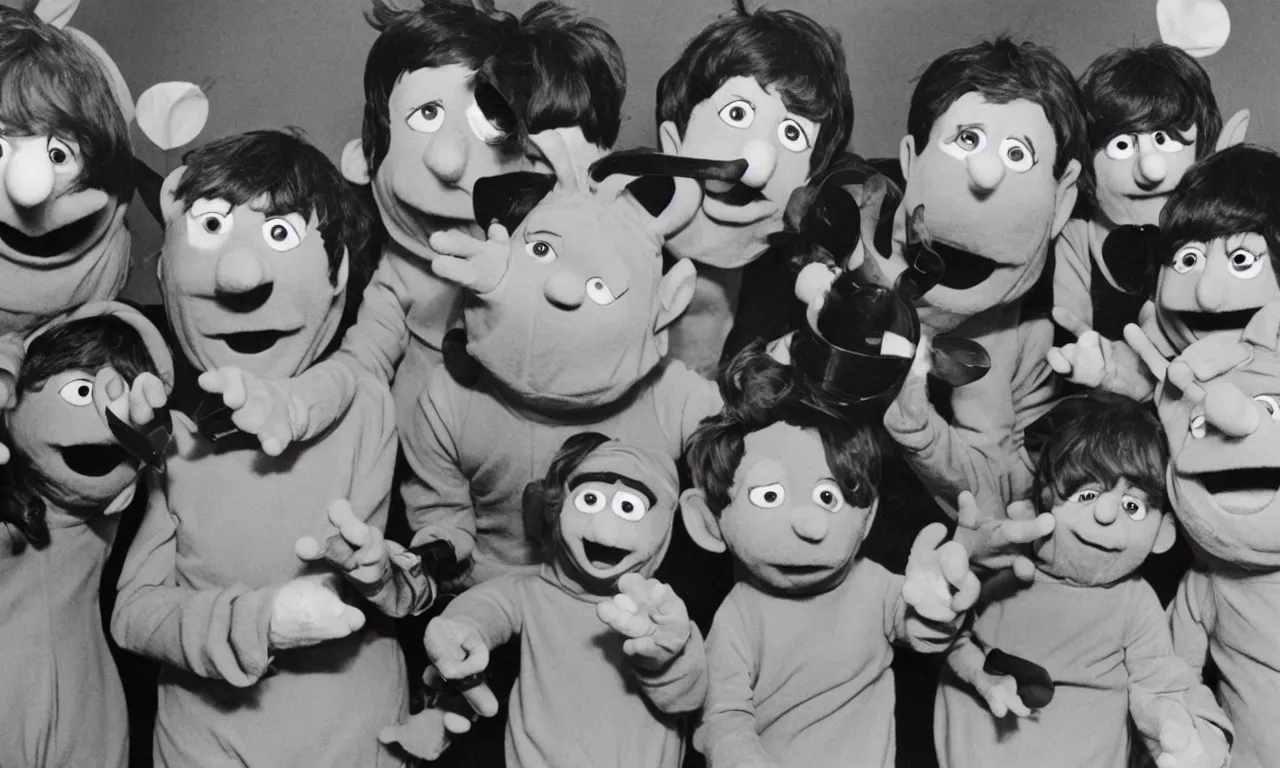 Prompt: Beatles dressed as teletubbies, photo from set of Sesame street