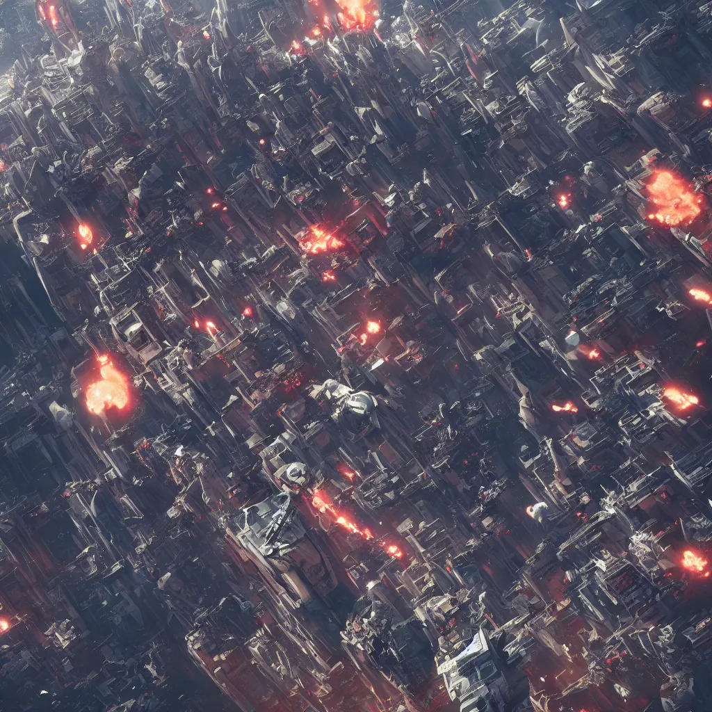 Image similar to squad of futuristic bombers, bombing a baroque cyberpunk city, explosions and fire, aerial view, hypermaximalistic, high details, cinematic, 8k resolution, beautiful detailed, insanely intricate details, artstation trending, octane render, unreal engine