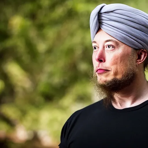 Image similar to a portrait elon musk wearing a long beard and a turban joining the taliban, fine details, close up, 8 k photography, depth of field, bokeh. i