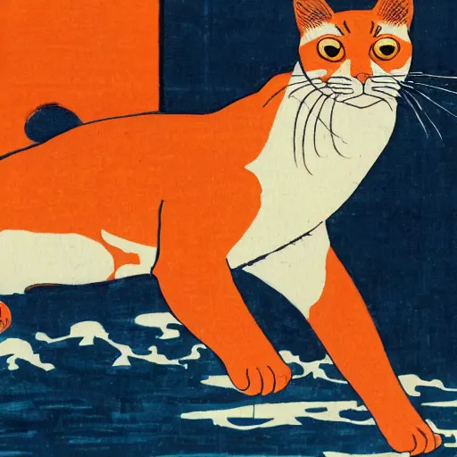 Image similar to a painting of an orange cat staring profoundly towards the viewer, a woodcut by katsushika hokusai, pixabay contest winner, ukiyo - e, ukiyo - e, cyanotype, woodcut