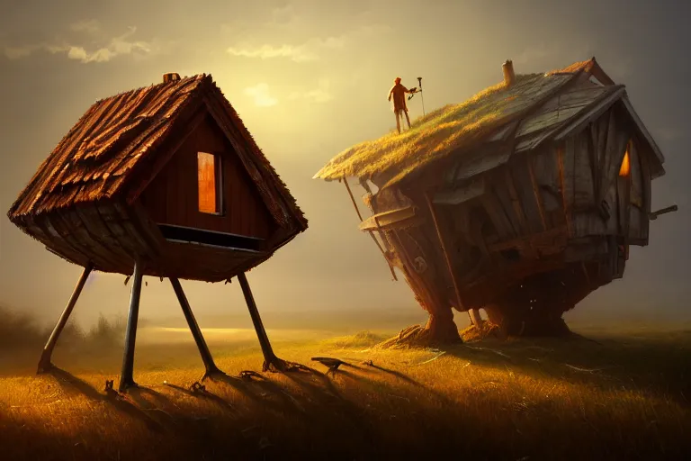 Image similar to a walking wood house with two mechanical legs, rust, hyperrealistic, highly detailed, cinematic, single ray of sun, fog, beautiful, cgssociety, artstation, 8 k, oil painting