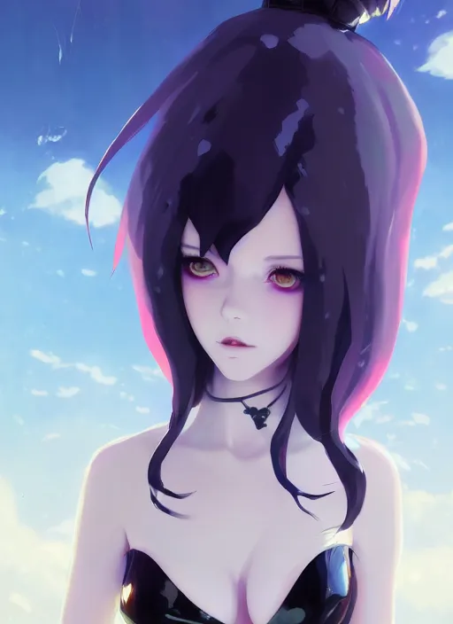 Image similar to portrait of cute goth girl in latex clothes, cloudy sky background lush landscape illustration concept art anime key visual trending pixiv fanbox by wlop and greg rutkowski and makoto shinkai and studio ghibli and kioto animation