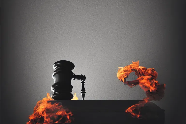 Image similar to republican elephant,pile of papers on fire,Judge's Bench burning, Judge's Gavel,Smoke,Fog Mads Berg, Karolis Strautniekas,stippled light, dramatic lighting,fine texutre, editorial illustration,matte print, film noir,dynamic composition,moody