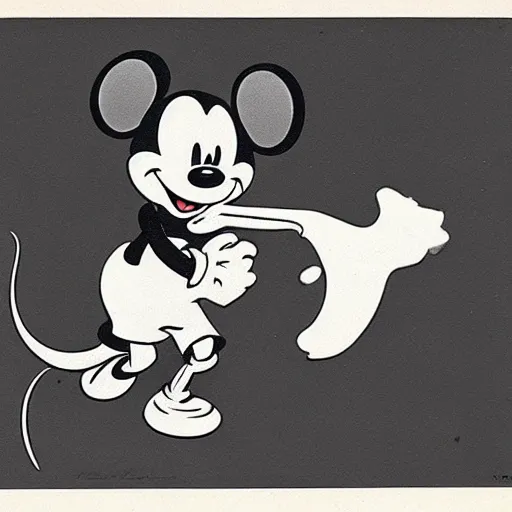 Prompt: vintage 1 9 3 0 s mickey mouse biting a bloody fish