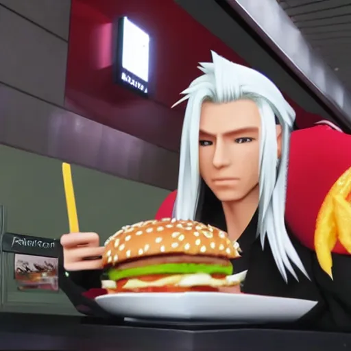 Image similar to Sephiroth eating a big mac in McDonald's, highly detailed, 4k 1080p, shot on iphone,