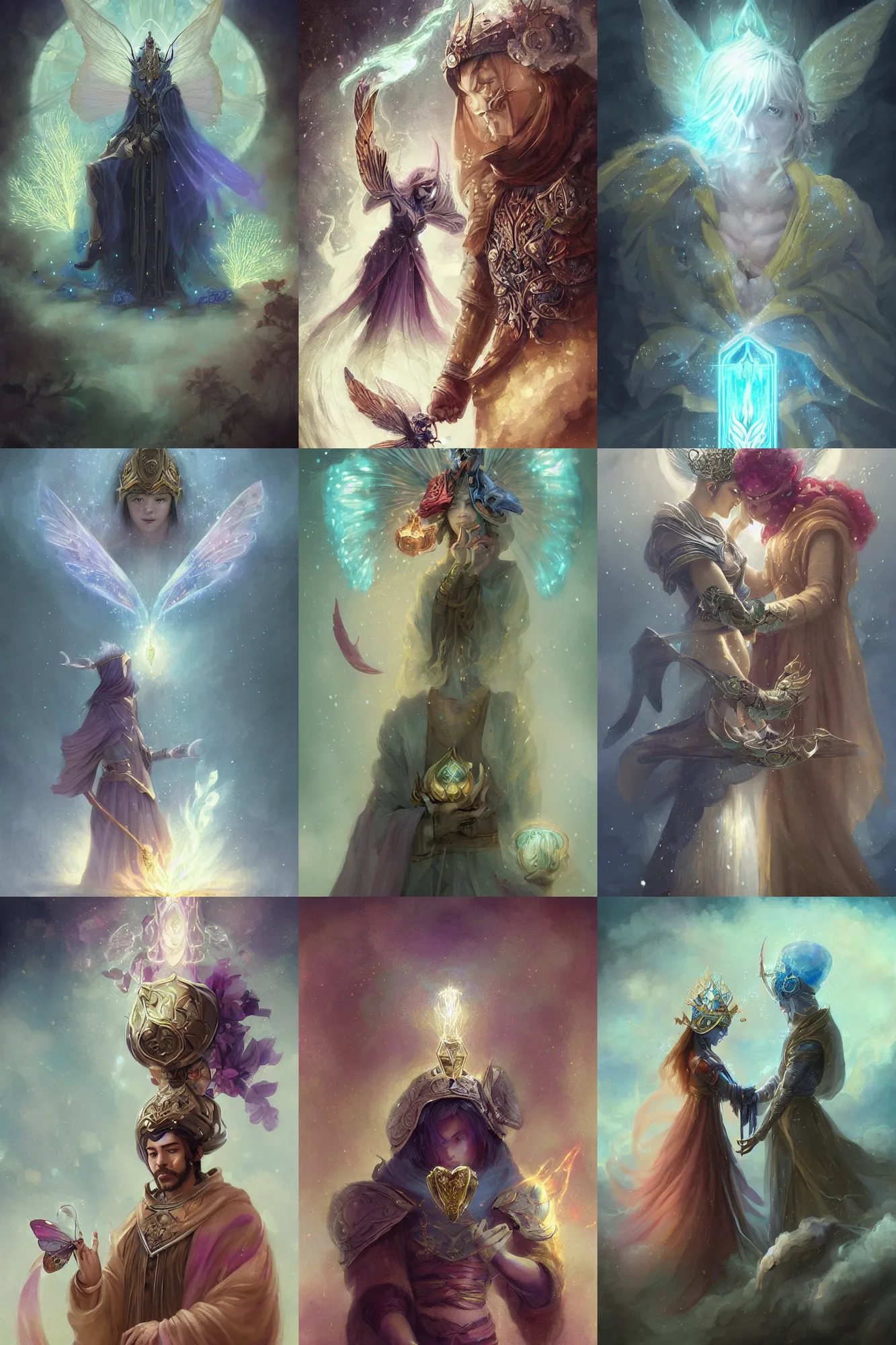 Prompt: masterpiece a man wizard god mage champion wearing a summoncrystal in his holding hand whilst wearing a helmet of wish scales cinematic beautiful closeup moment of lovers saying goodbye. Pensive Lonely I love you moth wings butterfly wings digital floral illustration ponies by greg rutkowski, wong kar wai full shot full view peonies, soft cool tones, Peter Mohrbacher, Andrei Riabovitchev, interior shot Artstation greg rutkowski peter mohrbacher marek okon