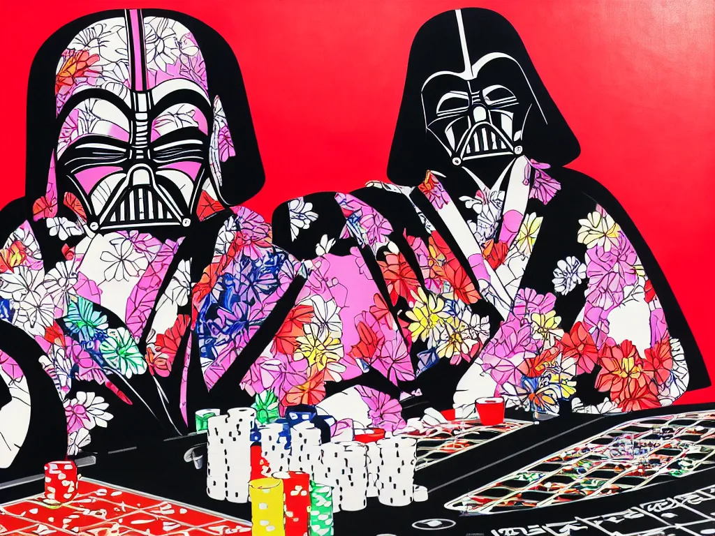 Image similar to hyperrealism composition of the detailed woman in a japanese kimono sitting at an extremely detailed poker table with darth vader, fireworks on the background, pop - art style, jacky tsai style, andy warhol style, acrylic on canvas