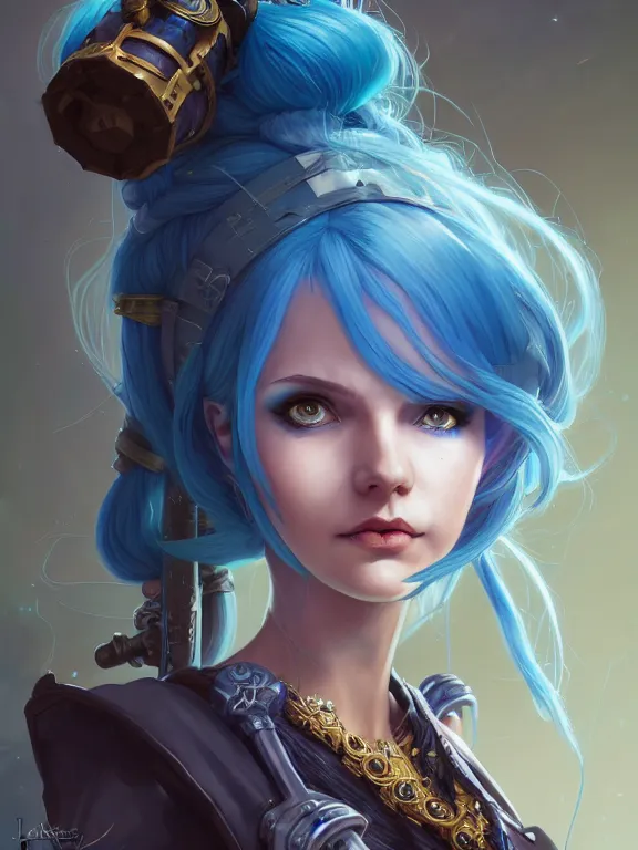 Image similar to a League of Legends FAN ART Portrait of JINX The Loose Cannon, blue hair, long pigtail, intricate, elegant, highly detailed, digital painting, concept art, smooth, sharp focus, illustration, by Laurie Greasley,Lawrence Alma-Tadema,Dan Mumford,artstation,deviantart,Unreal Engine,face enhance,8K,golden ratio,cinematic lighting