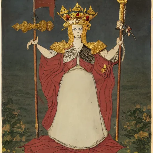 Image similar to an anthropomorphic poppy flower wears an iron breastplate with a gilded crown crest on it, holding a sword and shield as if she's ready for battle, standing next to a large tree stump that seems to be made out of white marble or stone