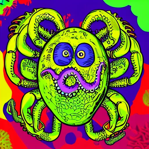 Prompt: a coconut inside a crab with tentacles and three pistons crying at 3 am in psychedelic colours