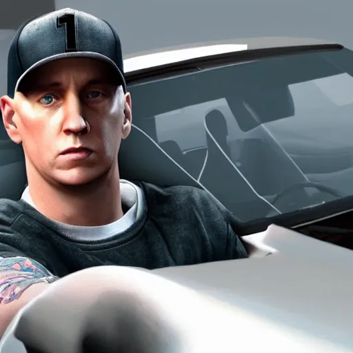 Image similar to a photo of Eminem as a GTA 5 cutscene effect