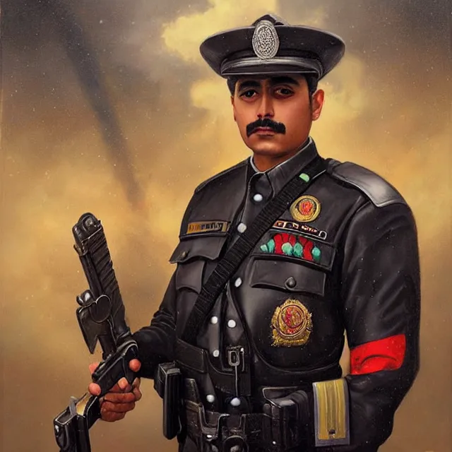 Image similar to portrait of a handsome mexican policeman, art by tom bagshaw and manuel sanjulian and franz xaver kosler