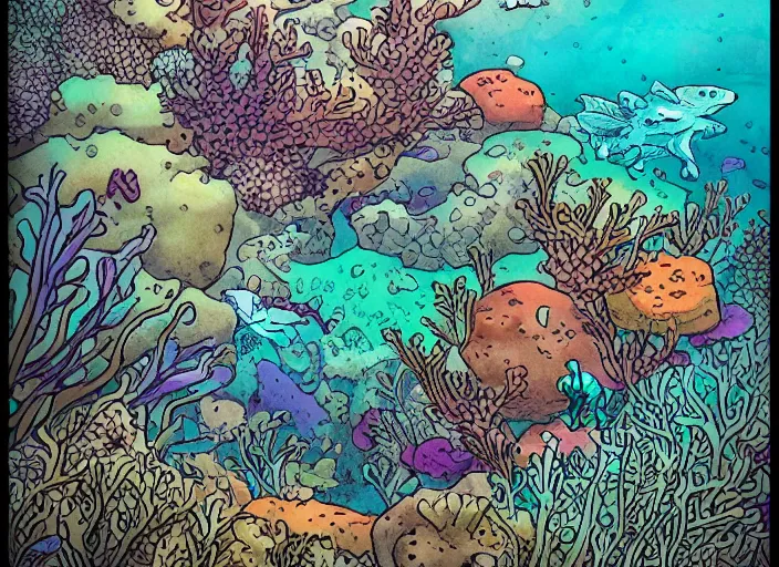 Prompt: illustration of a coral reef, (inktober), line art, ((water color)), by Bill Waterson, By Jake Parker, by Brian Kesinger