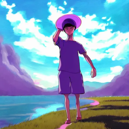 Prompt: friendly purple guy in studio ghibli artstyle, art, smooth, highly detailed, 4k, art, anime, colorful, river, beautiful scene,