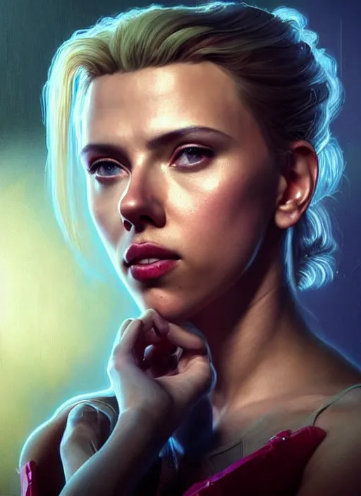 Prompt: portrait of Scarlett Johansson as a ballet dancer character in Cyberpunk 2077, looking at camera, intricate, dystopian, sci-fi, extremely detailed, digital painting, artstation, concept art, smooth, sharp focus, illustration, intimidating lighting, incredible art by artgerm and greg rutkowski and alphonse mucha and simon stalenhag