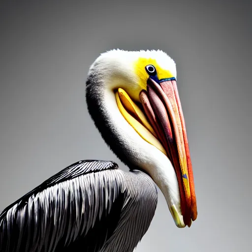 Image similar to pelican named reginald eating a apple with worms coming out of the spine of the apple, studio photography, beautiful lighting