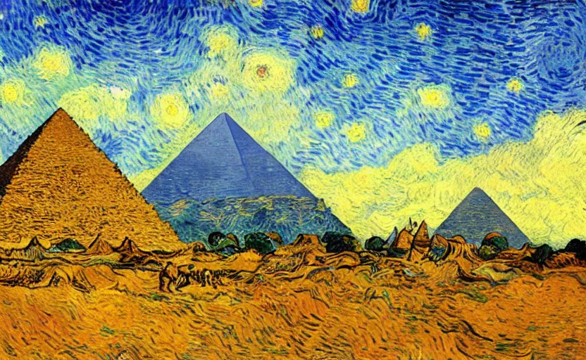 Image similar to The pyramids with Van gogh sky