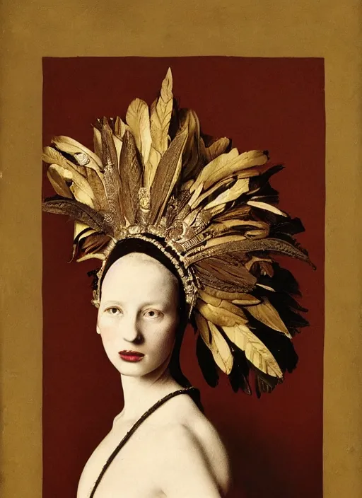 Image similar to portrait of young woman in renaissance dress and renaissance headdress, art by irving penn