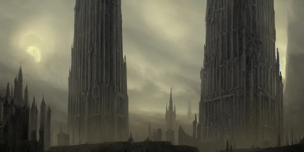 Image similar to Inside Orthanc Tower, evening, detailed matte painting, cinematic, Alan Lee, Artstation