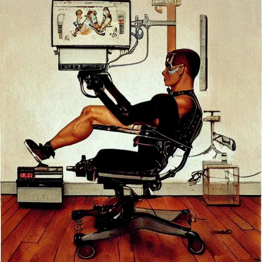 Prompt: Cyborg, posthuman, cybernetically augmented human, sitting in living room chair, watching black and white TV, drawn by Norman Rockwell