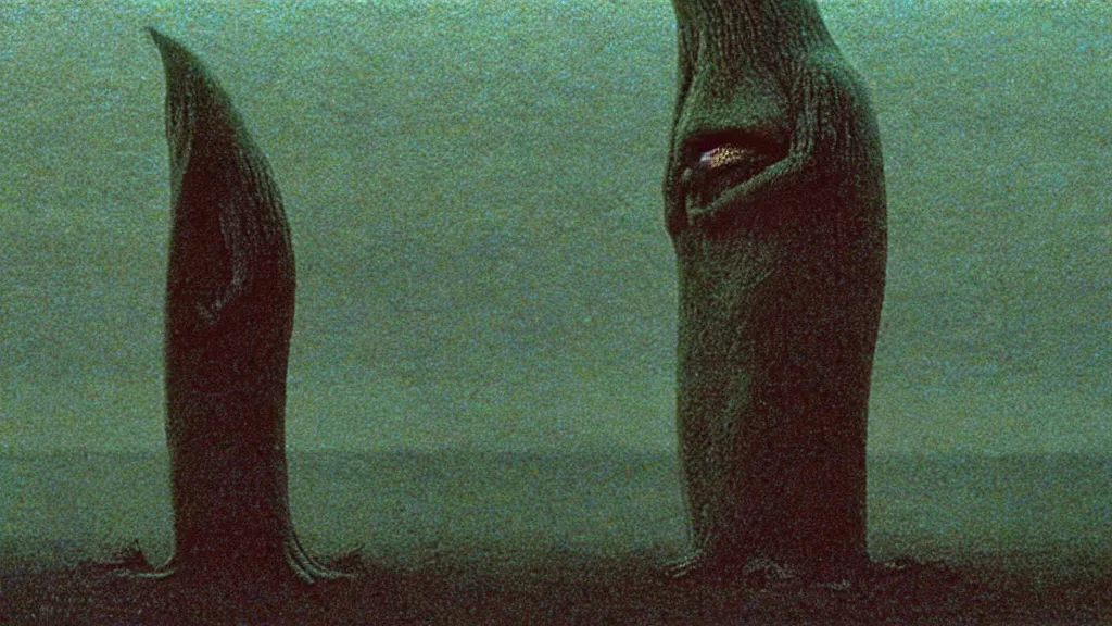 Prompt: the strange creature was sad, for they could not speak, film still from the movie directed by christopher nolan and david cronenberg with art direction by zdzisław beksinski and dr. seuss