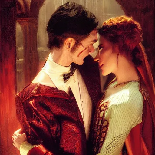 Image similar to attractive male, arthur pendragon confesses his love to attractive male dracula the vampire. highly detailed painting by gaston bussiere, craig mullins, j. c. leyendecker 8 k