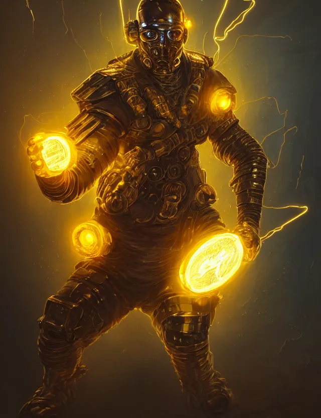 Prompt: a masked cyberpunk warrior in golden armour with a glowing golden gauntlet, surrounded by crackling golden lightning and energy, by frank fazetta and peter mohrbacher, trending on artstation, digital art, 4 k resolution, detailed, high quality, sharp focus, hq artwork, coherent, insane detail, concept art, character concept, character full body portrait