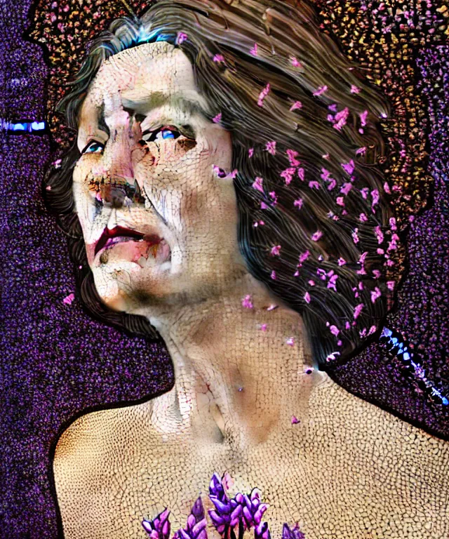 Prompt: a striking!! detailed! portrait of a middle aged woman with hazel eyes and graying hair, shards of the evening ascending like broken stained glass, hyacinth blooms surround her, hyperrealistic art nouveau, neural pointillism, earth tones, octane, 8 k, natural light