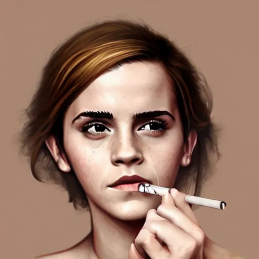 Image similar to Emma Watson smoking cigares, realistic, photo studio, HDR, 8k, trending on artstation