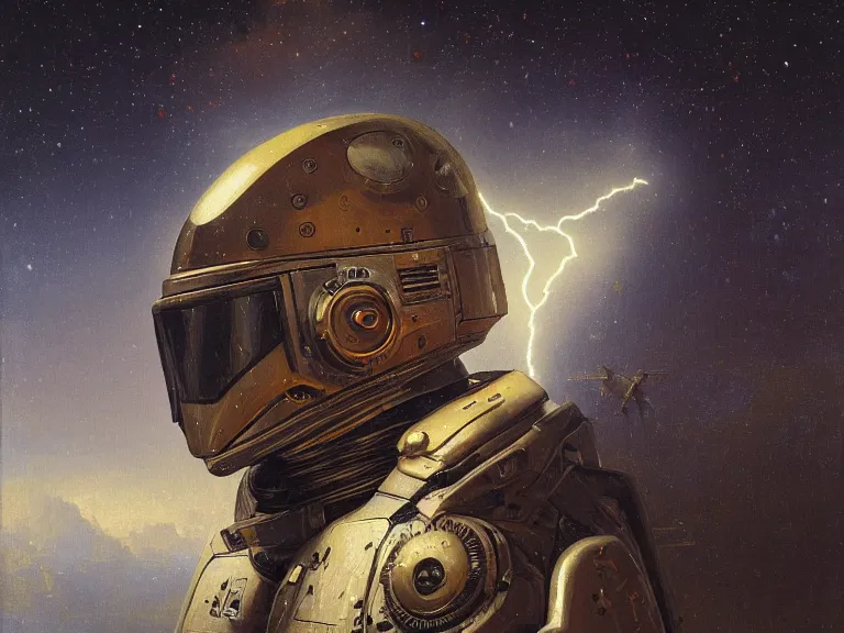 Prompt: a detailed profile oil painting of a lone shock trooper in a space armour with reflective helmet, technology flight suit, bounty hunter portrait symmetrical and science fiction theme with lightning, aurora lighting clouds and stars by beksinski carl spitzweg and tuomas korpi. baroque elements, full-length view. baroque element. intricate artwork by caravaggio. Trending on artstation. 8k