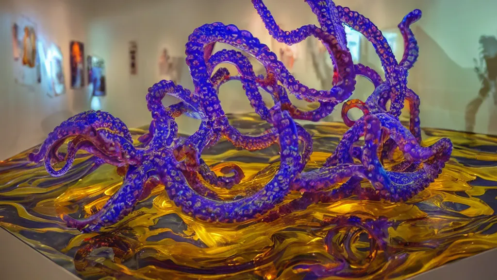 Prompt: Sculpture, a octopus made of blown glass, elegant, intricate detail, a splash of color, a masterpiece, refracting light, pbr, dramatic, path tracing, refraction. On display in a museum, onlookers gaze at it.