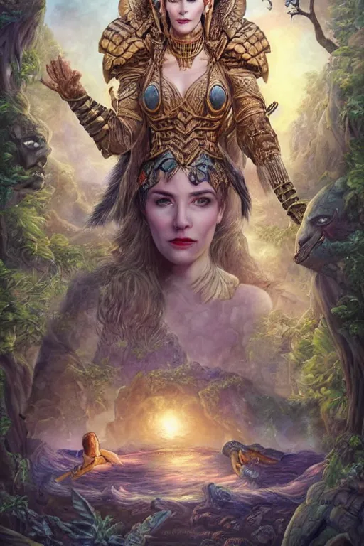 Image similar to A fantasy book style portrait painting of the Great Turtle Island at the center of the Universe, accompanied by a hybrid of, Anya_Taylor-Joy, Cory Chase, Eva Green, as a Mystical Valkyrie, Anubis-Reptilian, Atlantean Warrior, Cozy, hotspring hidden in a Cave, candlelight, towels, cushions, natural light, lush plants and flowers, elegant, smooth cave rock, fantasy, atmospheric lighting, digital painting, François Boucher, Oil Painting, Crisp clear resolution, unreal 5, DAZ, hyperrealistic, octane render, Regal, Refined, Detailed Digital Art, RPG portrait, William-Adolphe Bouguereau, Michael Cheval, Walt Disney (1937), Steampunk, Volumetric Golden dappled dynamic lighting, Highly Detailed, Cinematic Lighting, Unreal Engine, 8k, HD