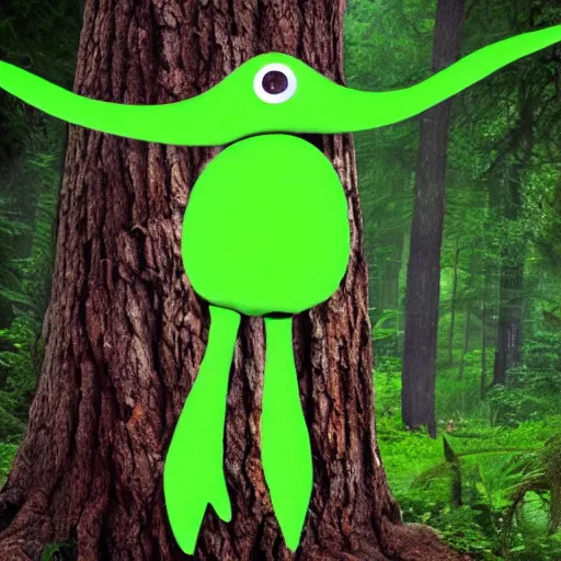 Prompt: big - eyed alien wearing green panties in forest