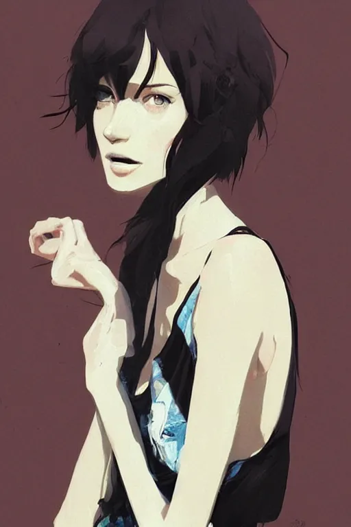 Image similar to a ultradetailed beautiful painting of a stylish woman with a white tank top, she has short black hair with bangs, by conrad roset, greg rutkowski and makoto shinkai trending on artstation
