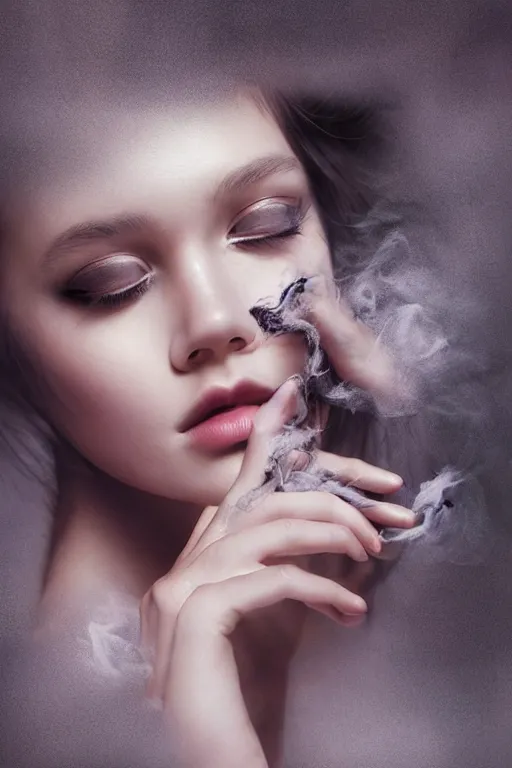 Image similar to inside a soul of a gorgeous young girl , searching for eternity, smoke out of her eyes, minimalistic dark forest in the style of stefan kostic, realistic, sharp focus, 8k high definition, high fashion, vogue, insanely detailed, soft light, colorful smoke, intricate, elegant, art by stanley lau and artgerm, sigma 85mm art