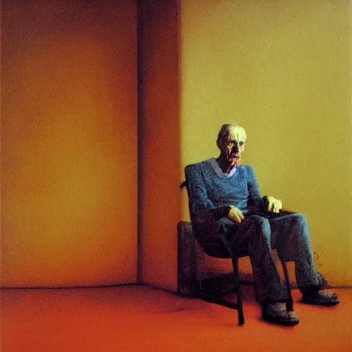 Image similar to older man sitting on a chair in dark basement with red walls and one window, painting by Beksiński,