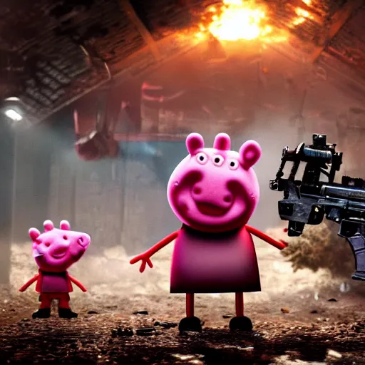 Image similar to Peppa pig in Gears of War, splash art, movie still, cinematic lighting, dramatic, octane render, long lens, shallow depth of field, bokeh, anamorphic lens flare, 8k, hyper detailed, 35mm film grain