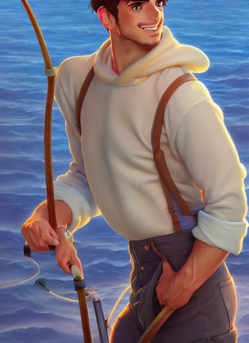 Image similar to cute fisherman chris mears, natural lighting, path traced, highly detailed, high quality, digital painting, by don bluth and ross tran and studio ghibli and alphonse mucha, artgerm