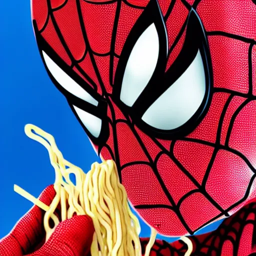 Image similar to close up zoom photo of spiderman eating noodles