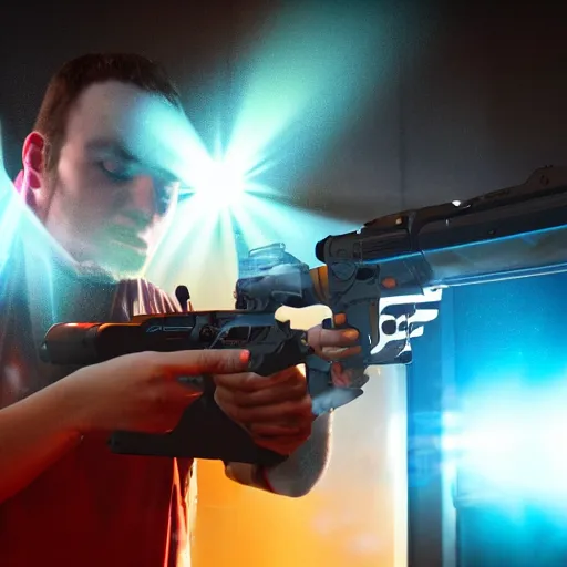 Prompt: blaster of 200db sound hitting the face of a man, volumetric lighting, extremely detailed, extremely realistic, award winning photograph