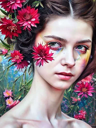 Image similar to portrait of elizabeth bert with a floral background : : painted by artgerm, karol bak, artur bordalo, sandra chevrier : : portrait, character, illustration, hyperrealism, photorealism