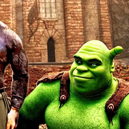 Prompt: shrek fighting jason statham